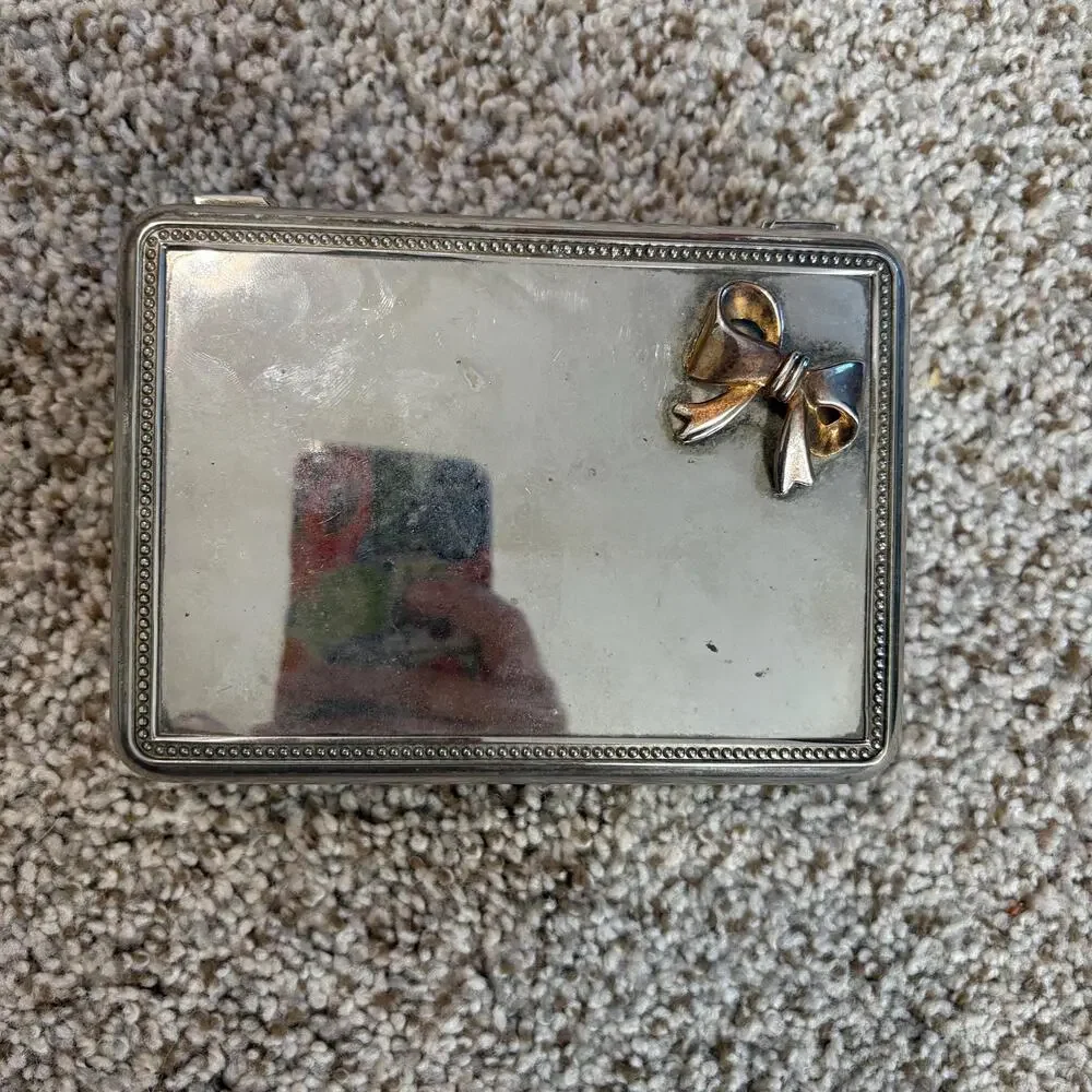 Vintage Silver-Plated Jewelry Box Gold Tone Bow, Blue Felt Interior with Mirror